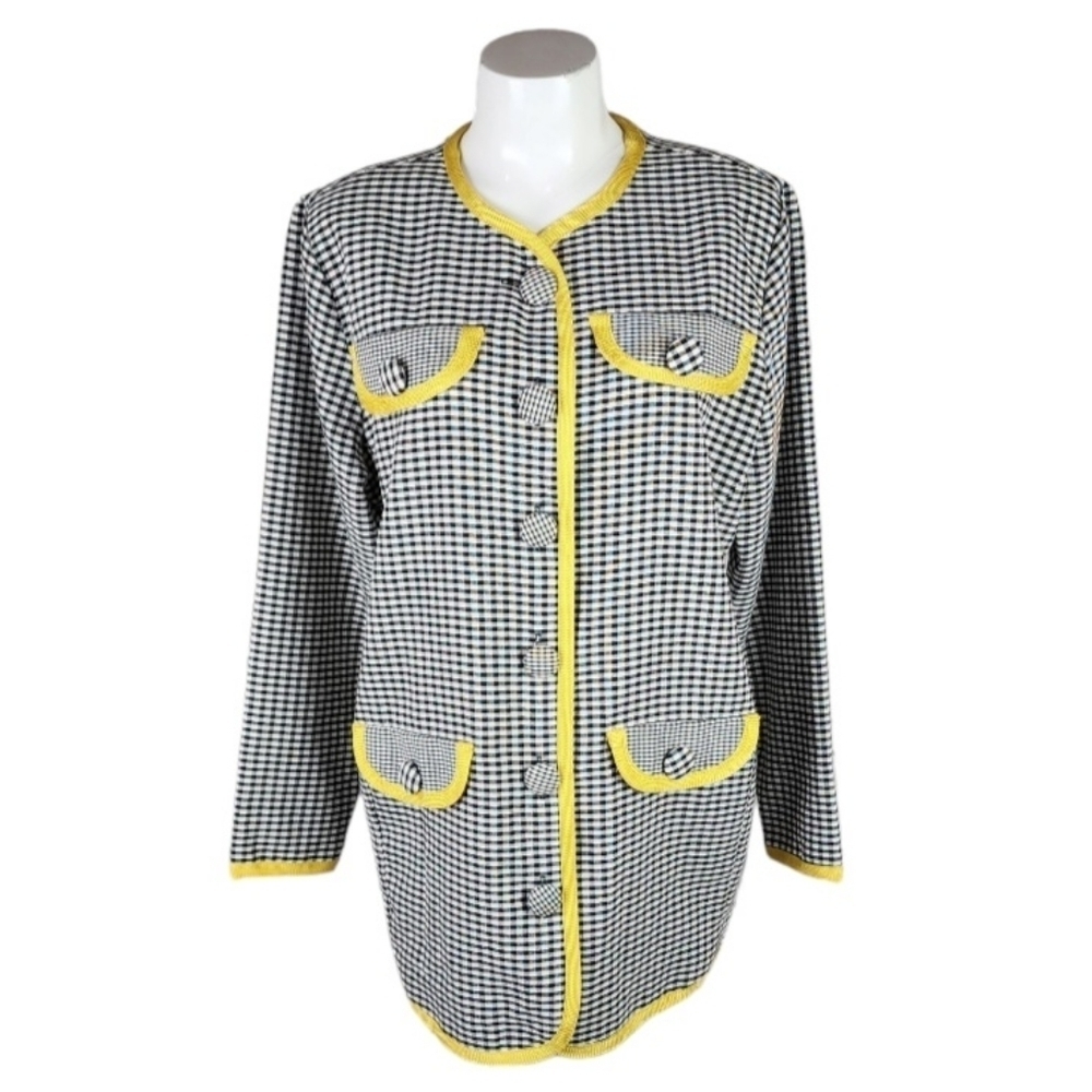 Vintage 60s Gingham Button Front Mini Dress Jacket Black White  Size Medium